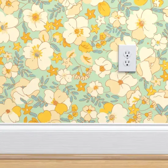 Peel & Stick Wallpaper 2FT Wide Vintage Style Floral Butter Yellow Flower Retro 1970S Custom Removable Wallpaper by Spoonflower {4}