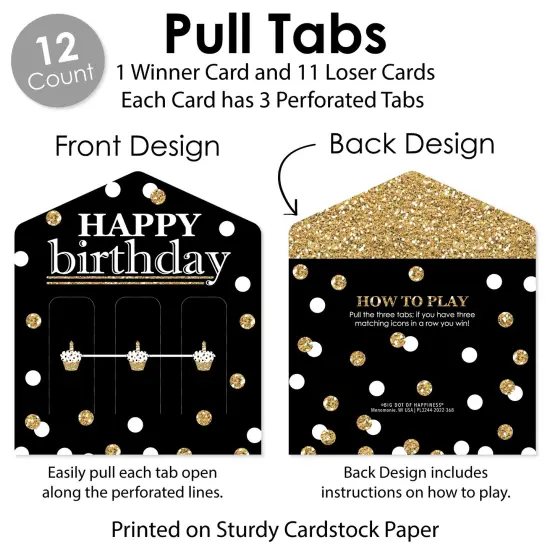Big Dot of Happiness Adult Happy Birthday - Gold - Birthday Party Game Pickle Cards - Pull Tabs 3-in-a-Row - Set of 12 {6}
