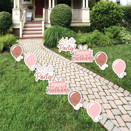 Big Dot of Happiness Pink Rose Gold Birthday - Balloon and Present Lawn Decorations - Outdoor Happy Birthday Party Yard Decorations - 10 Piece {1}