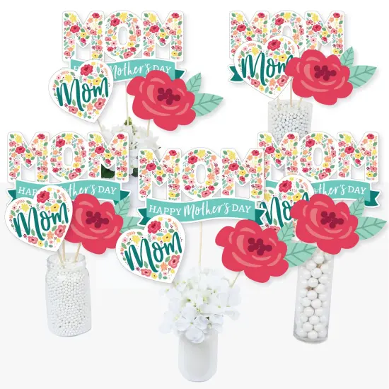 Big Dot of Happiness Colorful Floral Happy Mother's Day - We Love Mom Party Centerpiece Sticks - Table Toppers - Set of 15 {1}
