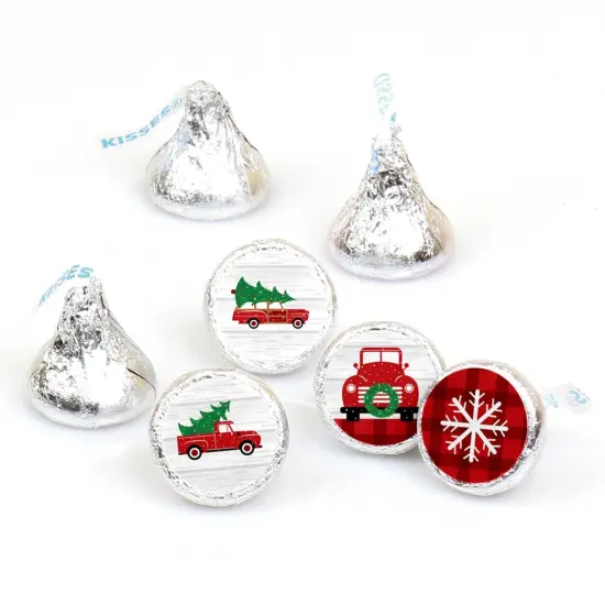 Big Dot of Happiness Merry Little Christmas Tree - Red Truck Christmas Party Round Candy Sticker Favors - Labels Fits Chocolate Candy (1 Sheet of 108) {1}