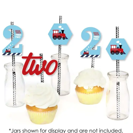 Big Dot of Happiness 2nd Birthday Railroad Party Crossing - Paper Straw Decor - Steam Train Second Birthday Party Striped Decorative Straws -Set of 24 {6}