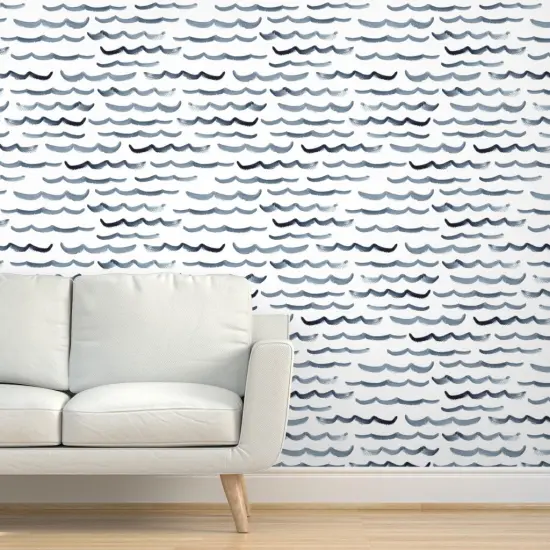 Pre-Pasted Wallpaper 2FT Wide Watercolor Ocean Modern Nautical Blue And White Abstract Waves Maritime Beach Custom Pre-pasted Wallpaper by Spoonflower {5}