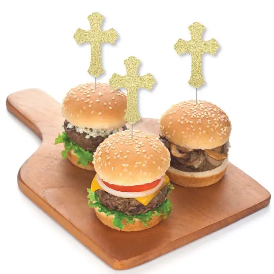 Big Dot of Happiness Gold Glitter Cross - No-Mess Real Gold Glitter Dessert Cupcake Toppers - Baptism or Baby Shower Clear Treat Picks - Set of 24 {4}