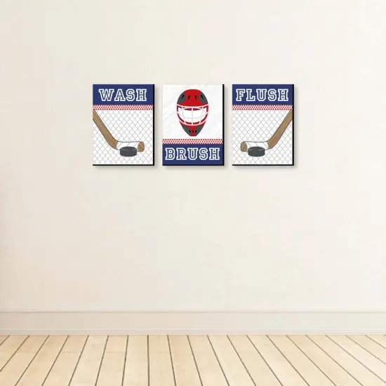 Big Dot of Happiness Shoots and Scores - Hockey - Kids Bathroom Rules Wall Art - 7.5 x 10 inches - Set of 3 Signs - Wash, Brush, Flush {4}