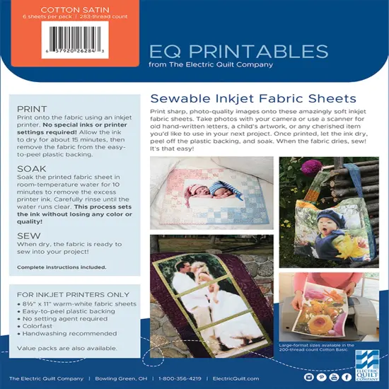 EQ Inkjet Printable Cotton Satin Fabric Sheets 8.5"X11"-6/Pkg {3}