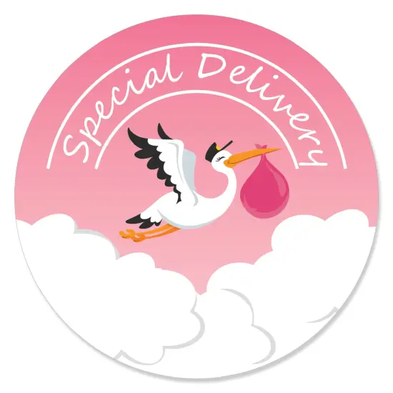Big Dot of Happiness Girl Special Delivery - Pink It's A Girl Stork Baby Shower Circle Sticker Labels - 24 Count {1}