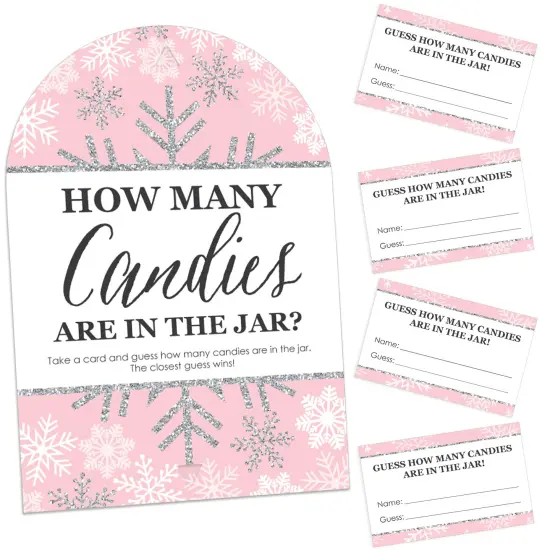 Big Dot of Happiness Pink Winter Wonderland Holiday Snowflake Birthday Party and Baby Shower Game - 1 Stand and 40 Cards - Candy Guessing Game {1}