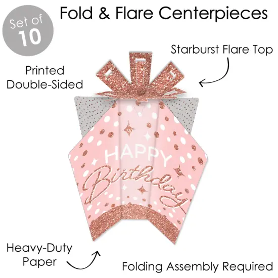 Big Dot of Happiness Pink Rose Gold Birthday - Table Decorations - Happy Birthday Party Fold and Flare Centerpieces - 10 Count {6}