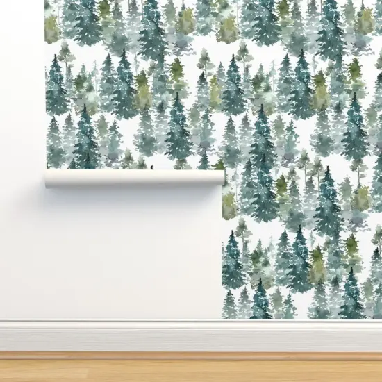 Pre-Pasted Wallpaper 2FT Wide Woodland Pine Trees White Winter Christmas Snowy Watercolor Green Holiday Forest Custom Pre-pasted Wallpaper by Spoonflower {2}