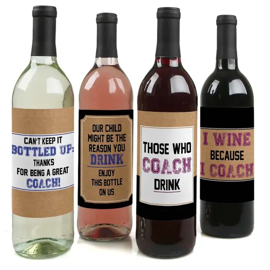 Big Dot of Happiness Coach Appreciation Gift - First Day of School or Christmas Gifts for Women and Men - Wine Bottle Label Stickers - Set of 4 {1}
