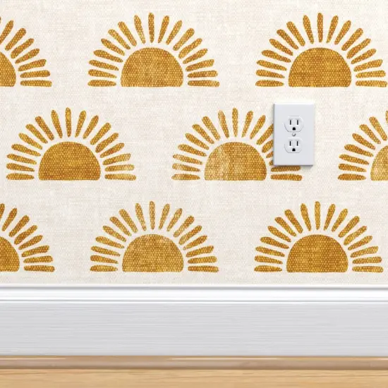 Pre-Pasted Wallpaper 2FT Wide Boho Block Print Sun Sunshine In Golden Orange Custom Pre-pasted Wallpaper by Spoonflower {4}
