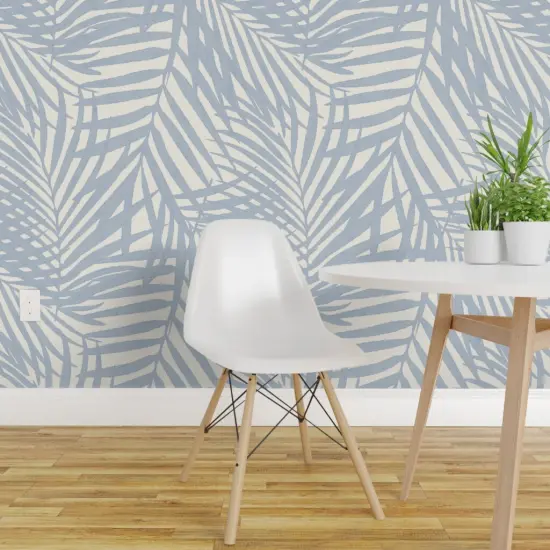 Pre-Pasted Wallpaper 2FT Wide Cream Blue Tropical Palm Soft Watercolor fan palm Custom Pre-pasted Wallpaper by Spoonflower {1}