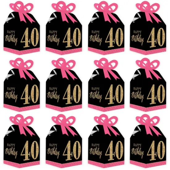 Big Dot of Happiness Chic 40th Birthday - Pink, Black and Gold - Square Favor Gift Boxes - Birthday Party Bow Boxes - Set of 12 {6}