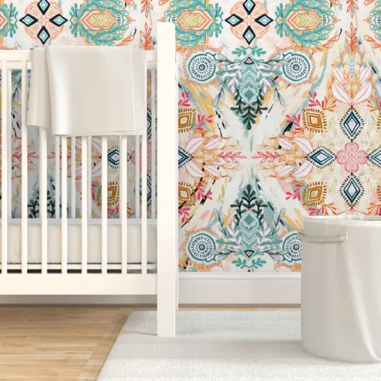 Pre-Pasted Wallpaper 2FT Wide Spring Small Print Painted Bohemian Diamond Boho Doodle Pastels Modern Custom Pre-pasted Wallpaper by Spoonflower {7}