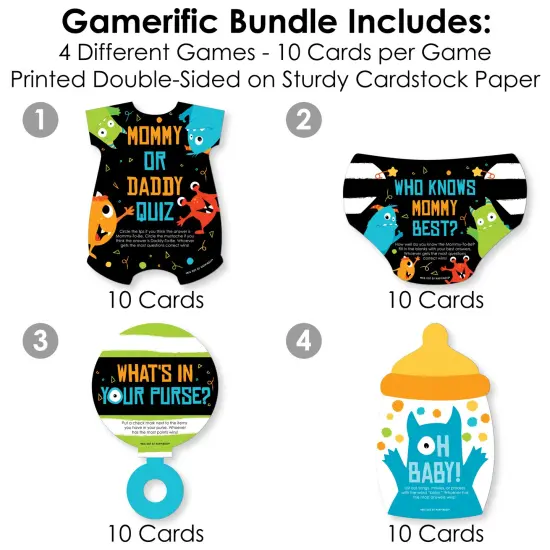 Big Dot of Happiness Monster Bash - 4 Little Monster Baby Shower Games - 10 Cards Each - Gamerific Bundle {4}