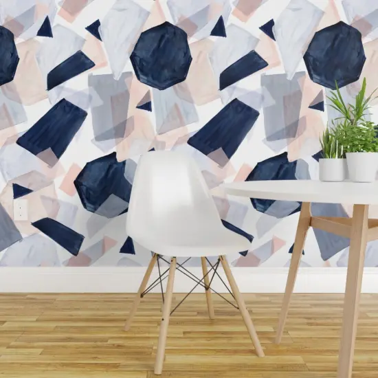 Pre-Pasted Wallpaper 2FT Wide Geo Shapes Navy Blush Watercolor Soft Mod Geometric Abstract Boho Pastel Custom Pre-pasted Wallpaper by Spoonflower {1}