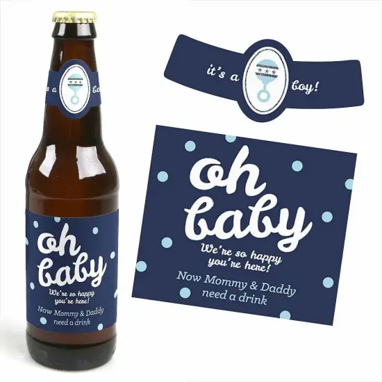 Big Dot of Happiness Hello Little One - Blue and Silver - Boy Baby Shower Decorations for Women and Men - 6 Beer Bottle Label Stickers and 1 Carrier {3}