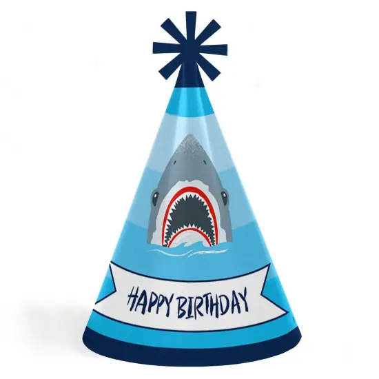 Big Dot of Happiness Shark Zone - Cone Jawsome Shark Happy Birthday Party Hats for Kids and Adults - Set of 8 (Standard Size) {1}