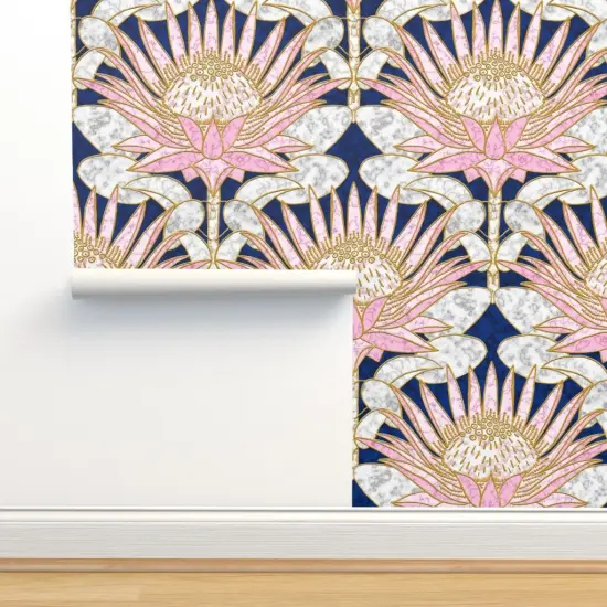 Peel & Stick Wallpaper 2FT Wide Blush Deco Floral Art Large Scale Marble Pink Flower Gold And Lotus William Morris Custom Removable Wallpaper by Spoonflower {2}