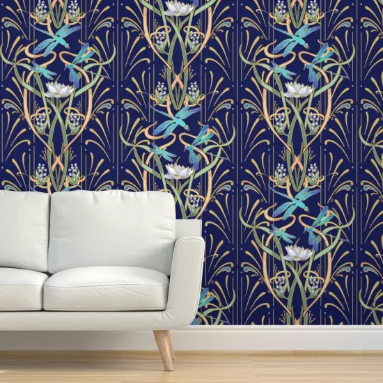 Peel & Stick Wallpaper 2FT Wide Bold Art Nouveau Large Scale Dragonflies Aqua Lotus Lily Of The Valley Water Garden Custom Removable Wallpaper by Spoonflower {5}