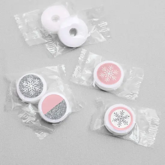 Big Dot of Happiness Pink Winter Wonderland - Snowflake Party or Baby Shower Round Candy Sticker Favors - Labels Fits Chocolate Candy (1 Sheet of 108) {4}