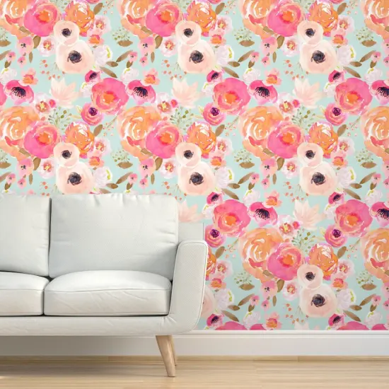 Peel & Stick Wallpaper 2FT Wide Bloom Blush Florals Blue Flower Floral Spring Nursery Easter Summer Shabby Chic Decor Custom Removable Wallpaper by Spoonflower {5}