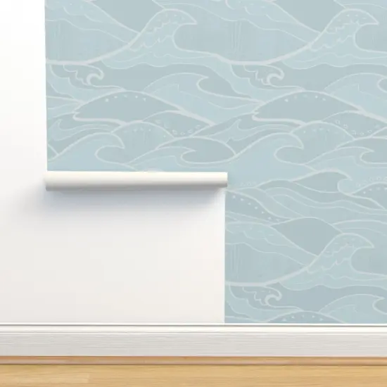 Peel & Stick Wallpaper 2FT Wide Monochrome Waves Light Green Blue Ocean Tide Modern Baby Nursery Marine Sea Nautical Custom Removable Wallpaper by Spoonflower {2}