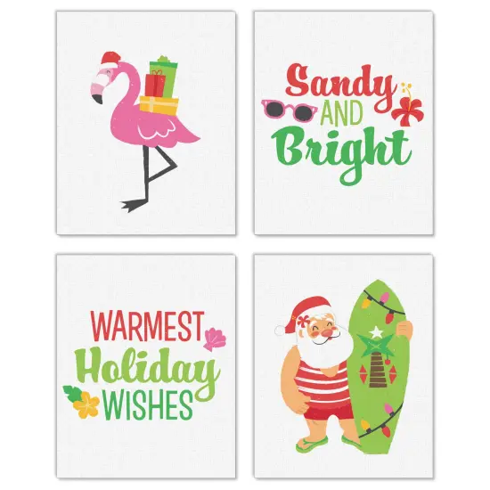 Big Dot of Happiness Tropical Christmas - Unframed Beach Santa and Flamingo Holiday Linen Paper Wall Art - Set of 4 - Artisms - 8 x 10 inches {1}