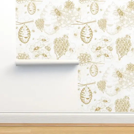 Peel & Stick Wallpaper 2FT Wide Yellow Flowers Mustard Bee Honey Toile Beehive Honeycomb Hexagon Pollen Beekeeper Handdrawn Modern Apiary Custom Removable Wallpaper by Spoonflower {2}