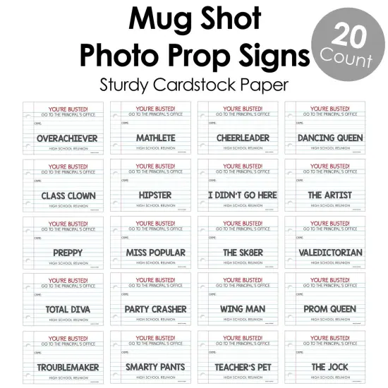 Big Dot of Happiness Class Reunion Detention Mug Shots - Class Reunion Photo Booth Props Party Mugshot Signs - 20 Count {6}