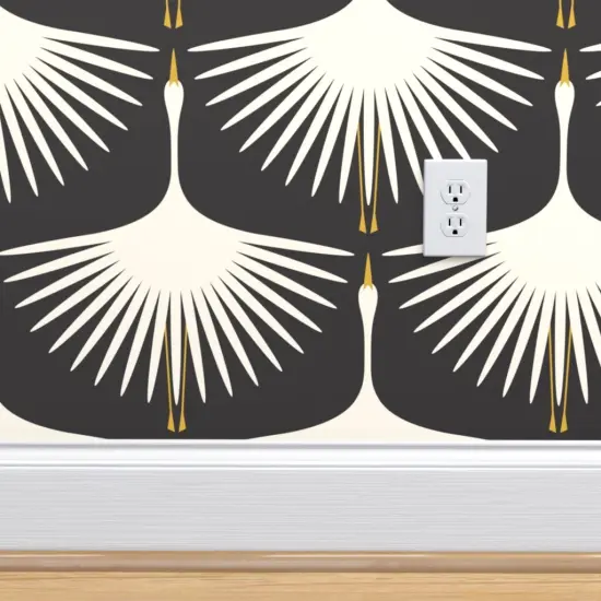 Pre-Pasted Wallpaper 2FT Wide Black And Ivory Mid Century Mod Geometric Swans Art Deco Elegant Feathers Custom Pre-pasted Wallpaper by Spoonflower {4}