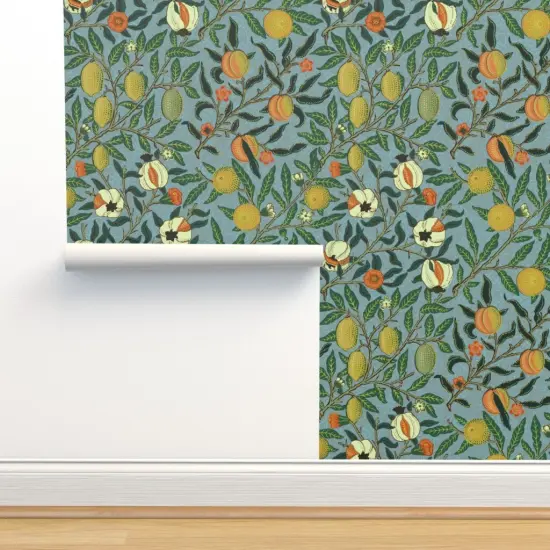 Pre-Pasted Wallpaper 2FT Wide Victorian Fruit Antique Trees Oranges Pomegranate Morris Inspired Custom Pre-pasted Wallpaper by Spoonflower {2}
