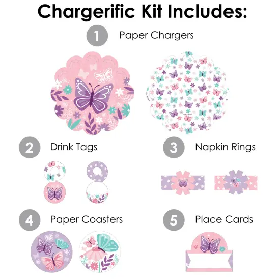Big Dot of Happiness Beautiful Butterfly Floral Baby Shower or Birthday Party Paper Charger and Table Decorations Chargerific Kit Place Setting for 8 {4}