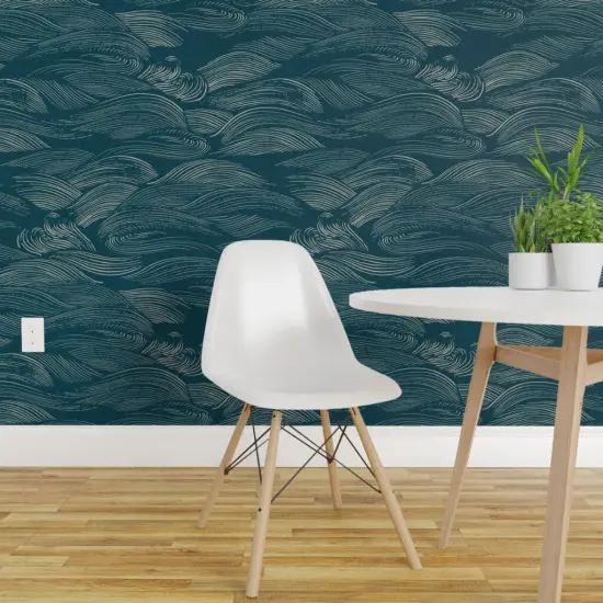Peel & Stick Wallpaper 2FT Wide Blue Waves Abstract Water Sea Ocean Marine Teal Custom Removable Wallpaper by Spoonflower {1}