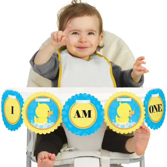 Big Dot of Happiness Ducky Duck 1st Birthday Highchair Decor - I Am One - First Birthday High Chair Banner {1}
