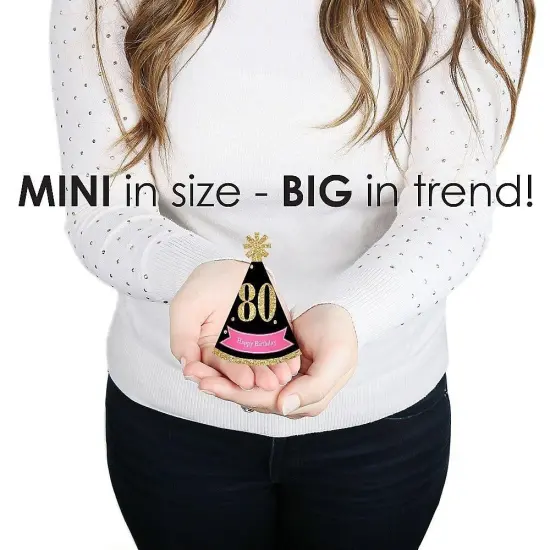 Big Dot of Happiness Chic 80th Birthday - Pink, Black and Gold - Mini Cone Birthday Party Hats - Small Little Party Hats - Set of 8 {4}