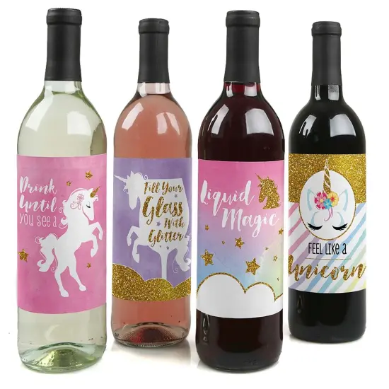 Big Dot of Happiness Rainbow Unicorn - Magical Unicorn Baby Shower or Birthday Party Decor for Women and Men - Wine Bottle Label Stickers - Set of 4 {1}