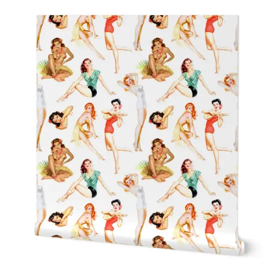 Peel & Stick Wallpaper 2FT Wide Pinup Girls Retro Women Vintage Style Tropical Hawaiian Custom Removable Wallpaper by Spoonflower {4}