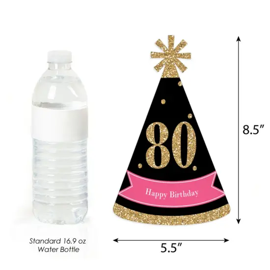 Big Dot of Happiness Chic 80th Birthday - Pink, Black and Gold - Cone Happy Birthday Party Hats for Adults - Set of 8 (Standard Size) {5}