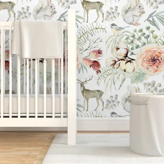 Pre-Pasted Wallpaper 2FT Wide Winter Woodland White Floral Elegant Deer Forest Rabbit Snow Custom Pre-pasted Wallpaper by Spoonflower {7}