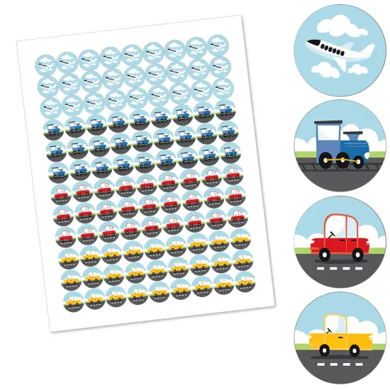 Big Dot of Happiness Cars, Trains, and Airplanes - Transportation Birthday Round Candy Sticker Favors - Labels Fits Chocolate Candy (1 sheet of 108) {3}