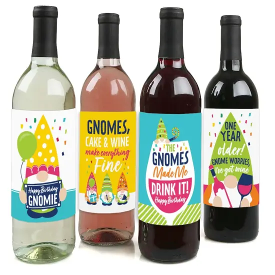 Big Dot of Happiness Gnome Birthday - Happy Birthday Party Decorations for Women and Men - Wine Bottle Label Stickers - Set of 4 {1}