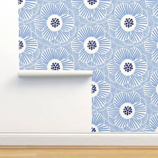 Peel & Stick Wallpaper 2FT Wide Blue Camellia Floral Modern Abstract Hand-Drawn Large Scale Custom Removable Wallpaper by Spoonflower {2}