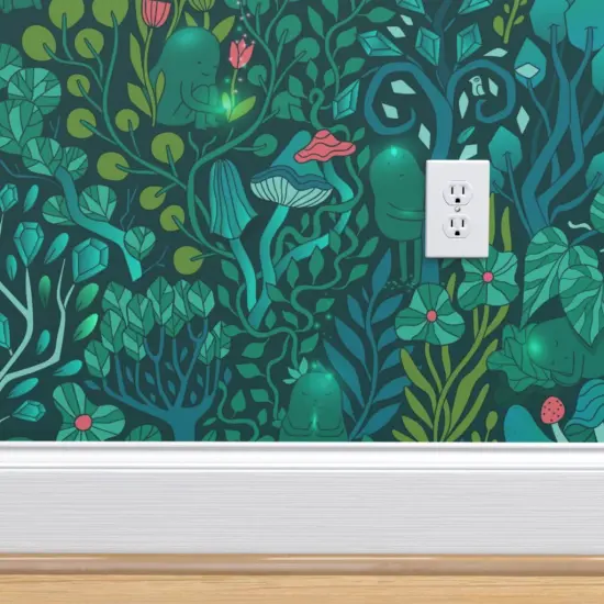 Pre-Pasted Wallpaper 2FT Wide Emerald Forest Fairy Woodland Creatures Green Nature Trees Crystals Magical Mystical Custom Pre-pasted Wallpaper by Spoonflower {4}