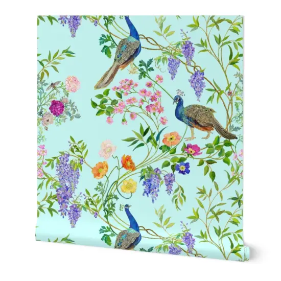 Peel & Stick Wallpaper 2FT Wide Peacock Chinoiserie Maximalist Spring Floral Forest Elegant Botanical Aqua Mint Light Blue Large Scale Custom Removable Wallpaper by Spoonflower {7}