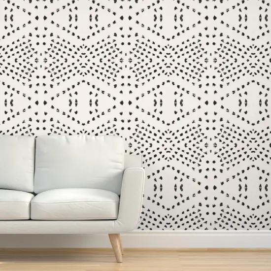 Pre-Pasted Wallpaper 2FT Wide Bohemian Mud Cloth Boho Modern Dots Black And White Farmhouse Custom Pre-pasted Wallpaper by Spoonflower {5}