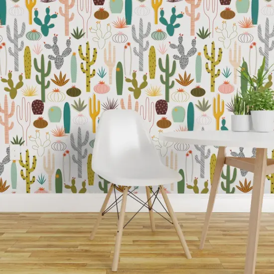 Peel & Stick Wallpaper 2FT Wide Mod Desert Cactus Garden Succulent Midcentury Modern Botanical Nature Custom Removable Wallpaper by Spoonflower {1}