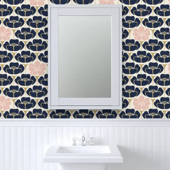 Peel & Stick Wallpaper 2FT Wide Flowers Art Deco 1920S Floral Navy Indigo Gold Blue Dress Fashion Pink Cream Custom Removable Wallpaper by Spoonflower {6}