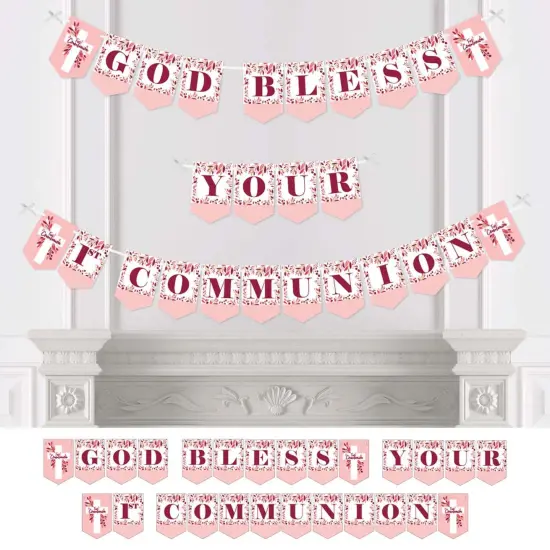 Big Dot of Happiness First Communion Pink Elegant Cross - Girl Religious Party Bunting Banner - Party Decorations - God Bless Your 1st Communion {1}